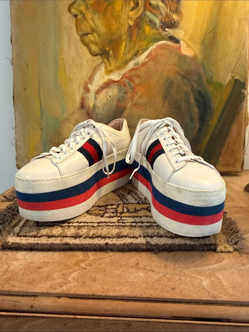 Gucci DAMAGED White Platform Sneakers with Red and Blue Stripe Accents - SZ 38